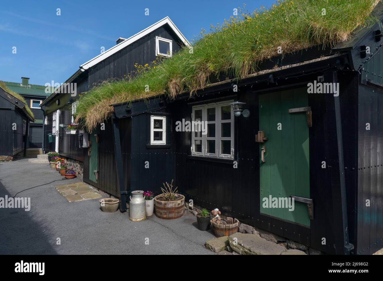 Turf roof, Tjornuvik, Streymoy Island, Faroe Islands, Denmark, Europe Stock Photo