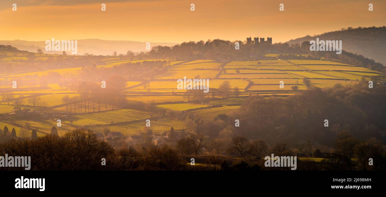 View of hilltop Riber Castle during winter at sunset, Riber, Matlock, Derbyshire, England, United Kingdom Stock Photo