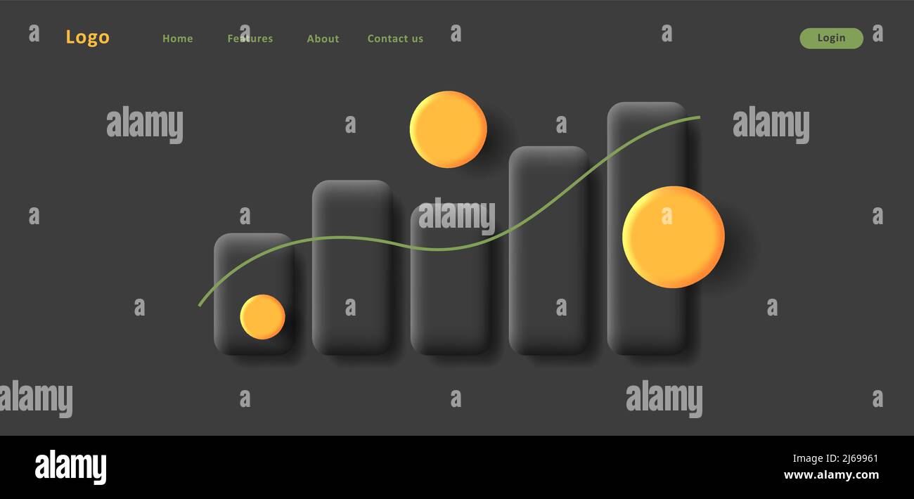 Web banner with 3d volume bar chart with golden coins. Vector