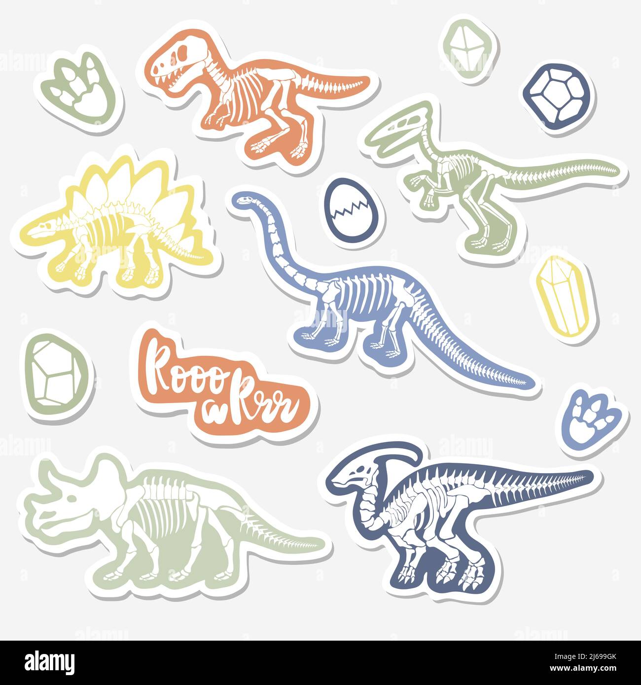 Vector sticker set with dinosaur skeleton isolated on a white background. Stock Vector