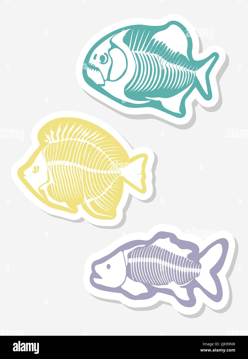 Vector sticker set with fish skeleton isolated on a white background. Stock Vector