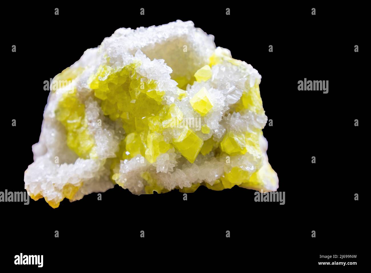 Calcite sulfur crystal mineral isolated on black background Stock Photo