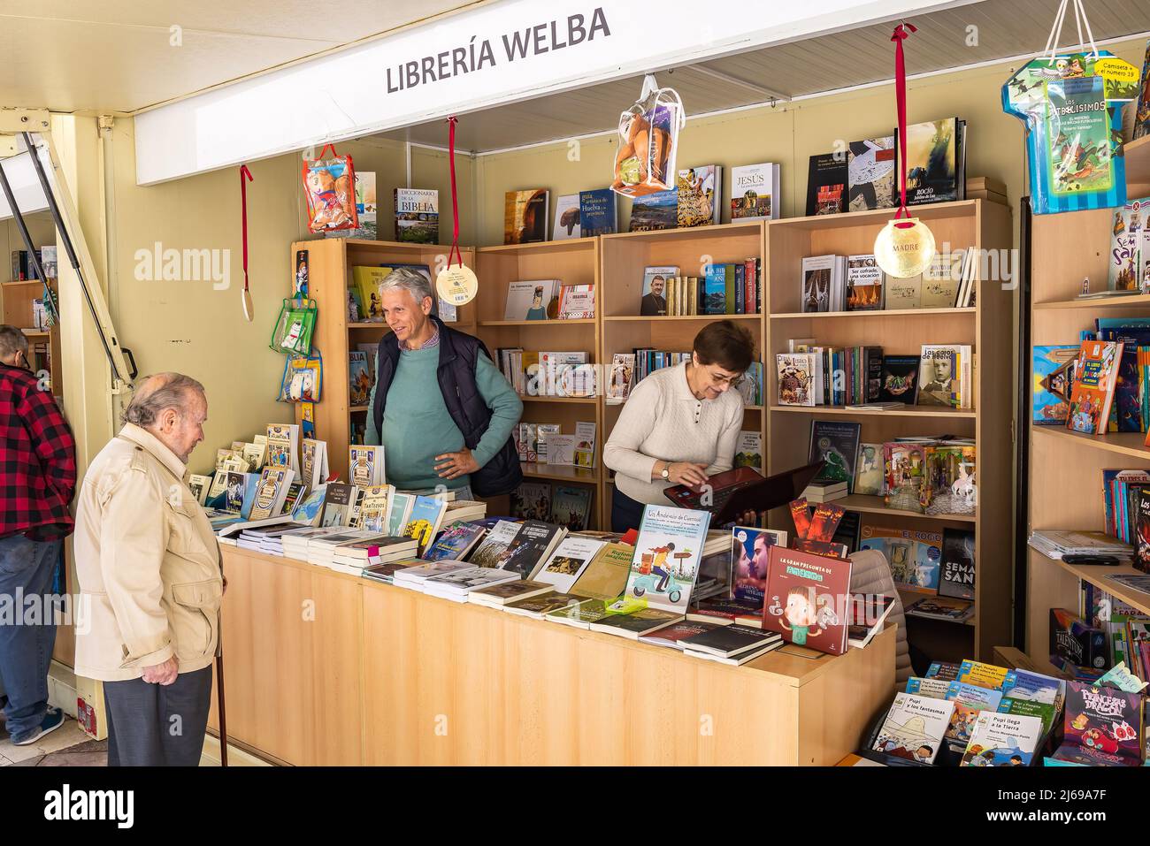 Huelva, Spain - April 24, 2022: Stand of  the 46th edition of the Book Fair located in the central Plaza de las Monjas (Square of the Nuns) of the cit Stock Photo