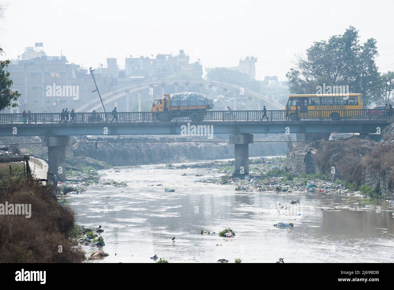 Kathmandu, Nepal,  April 20,2022 : Garbage and plastic pollution on the river bank in Kathmandu. Stock Photo