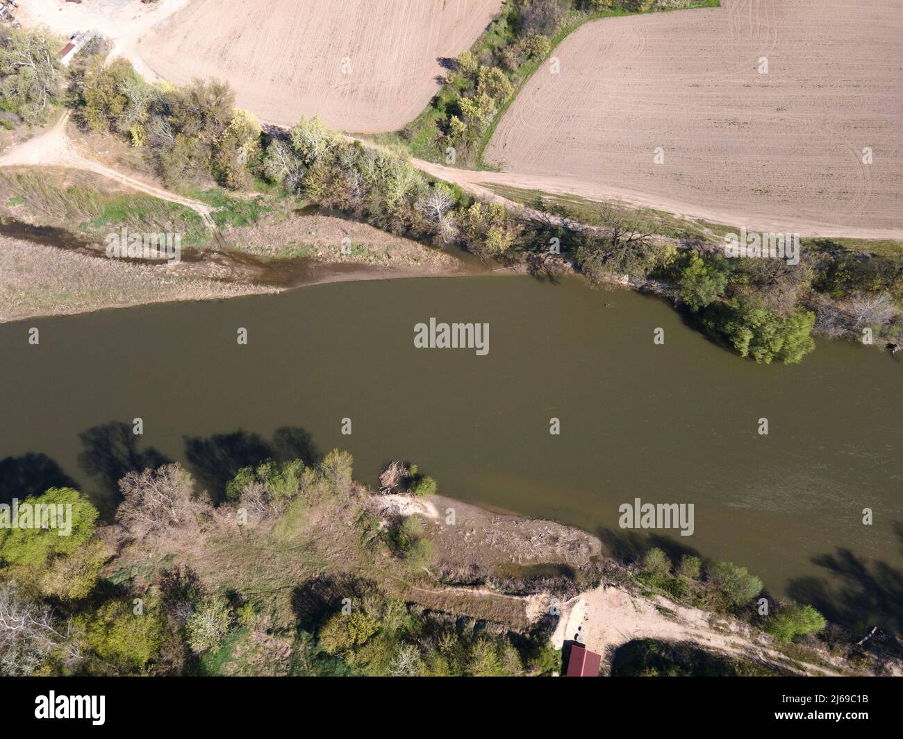 Aerial view of Chepelarska River, pouring into the Maritsa River near city of Plovdiv, Bulgaria Stock Photo