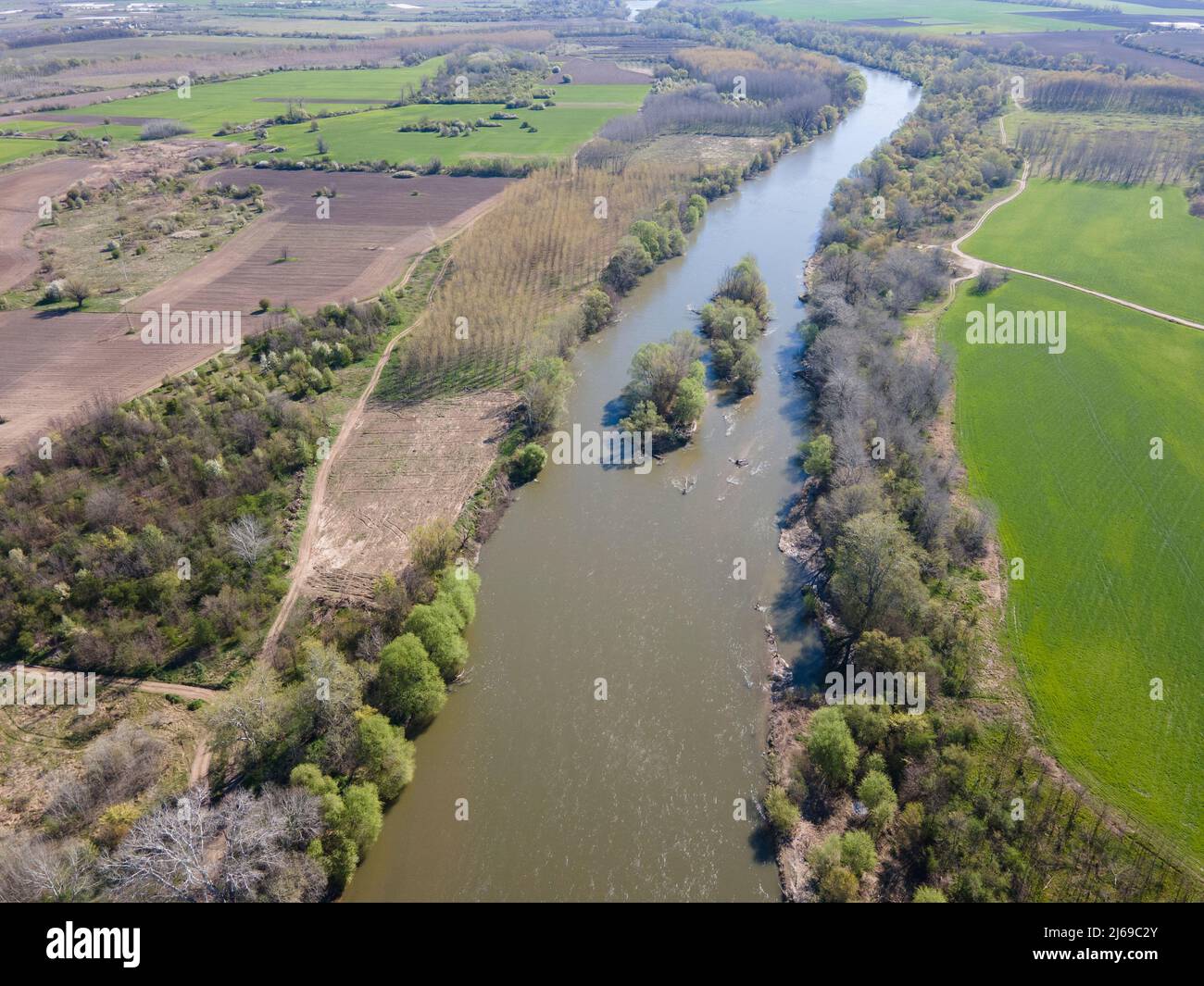 Aerial view of Chepelarska River, pouring into the Maritsa River near city of Plovdiv, Bulgaria Stock Photo
