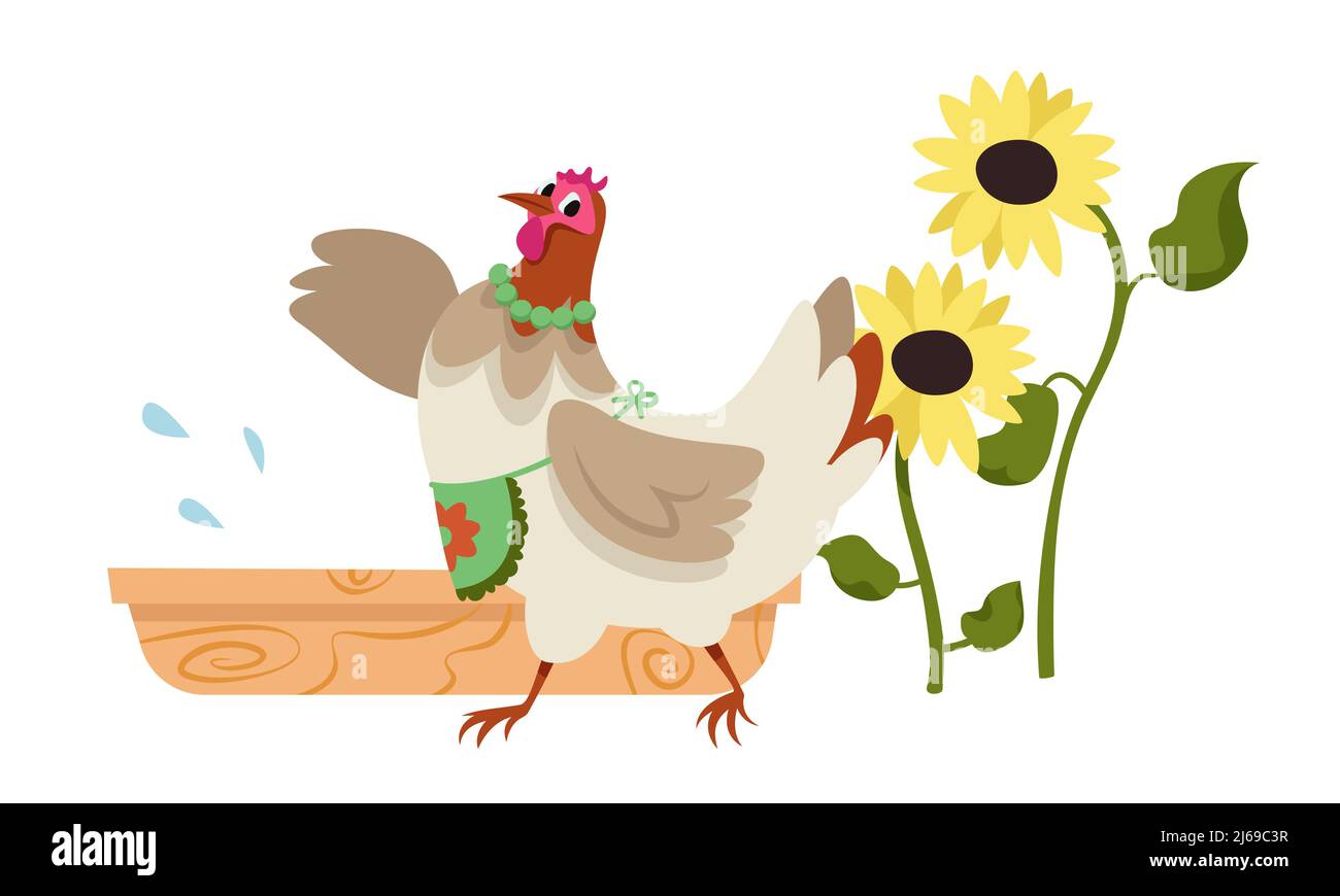 Hen with trough and sunflowers. Farm animal in cartoon style. Stock Vector