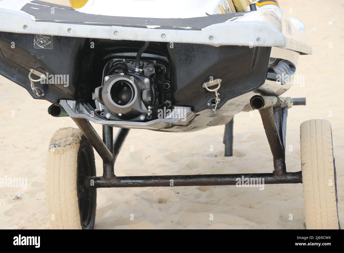 Trailer with jetski or known as beachside water scooters with the view of its propulsion part on a sunny day Stock Photo