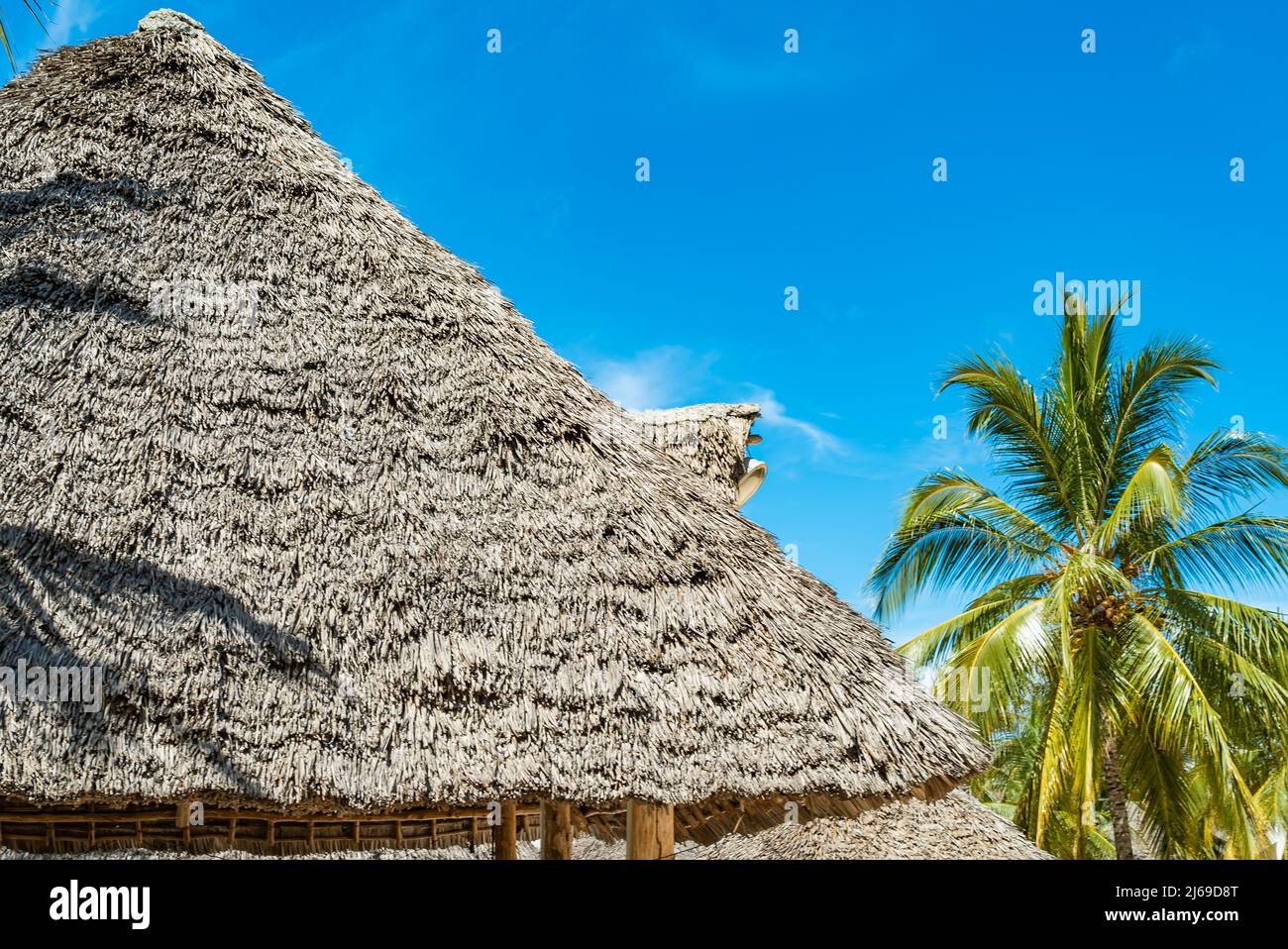 Roof of cafe made of wood and palm leaves. Nungwi, Zanzibar, Tanzania Stock Photo
