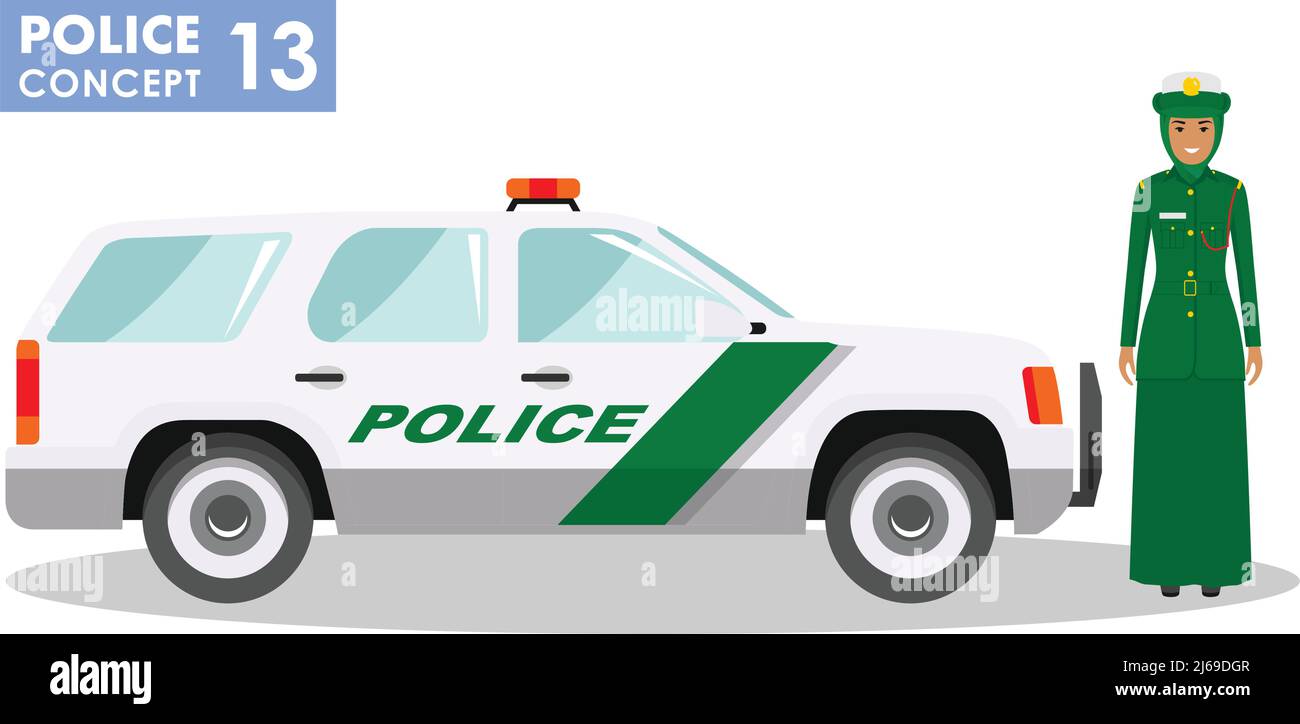 Detailed illustration of police car and arabic woman police officer in flat style on white background. Stock Vector