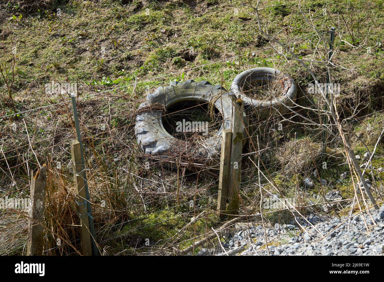 Discarded tyres on the roadside by the B709 between Langholm and Ettrick Stock Photo