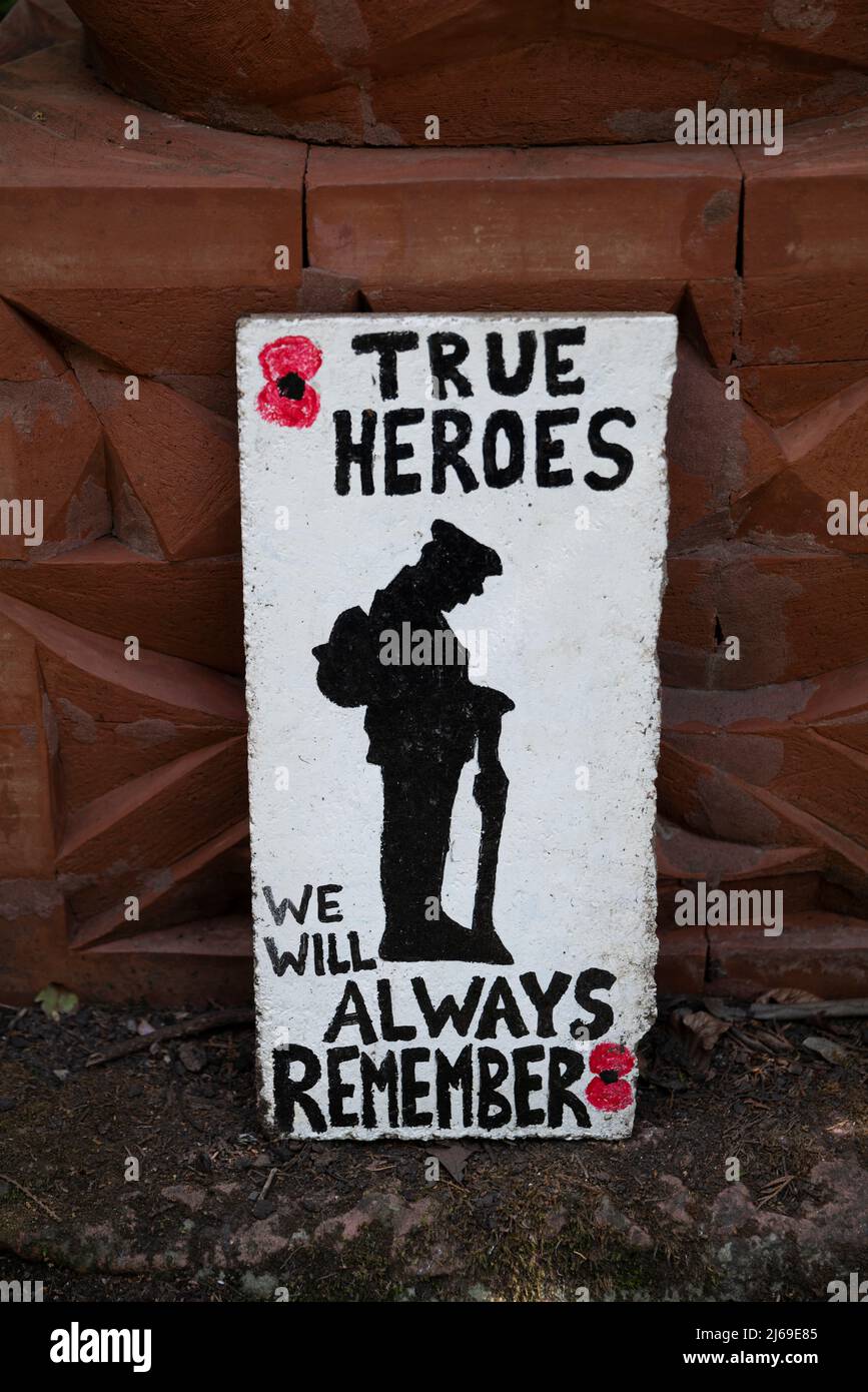 Remembrance artwork produced by a primary school pupil displayed in local park, Clitheroe, Lancashire, UK. Stock Photo