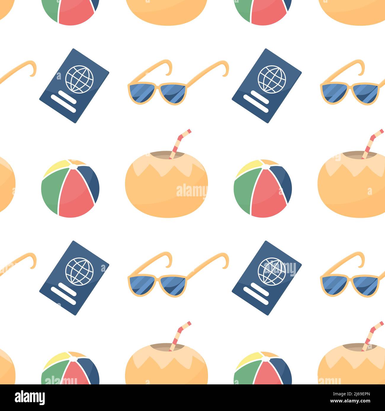 Seamless pattern with colorful beach elements: sunglasses, balls, coconut and passport. Vector summer vacation repeatable design Stock Vector