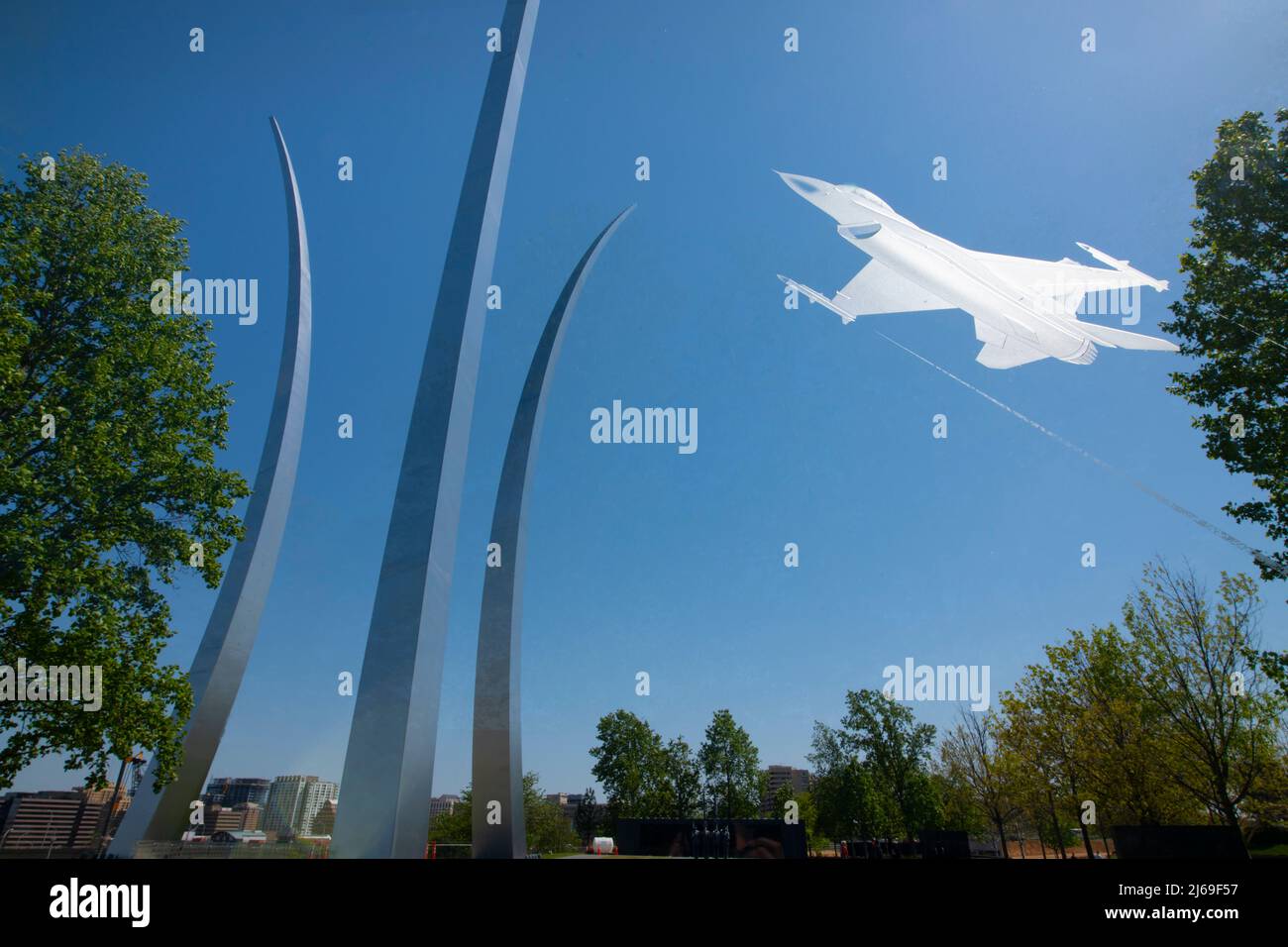USA Arlington Virginia VA The United States Air Force Memorial Shot through a Glass panel with an etched Air force jet Stock Photo