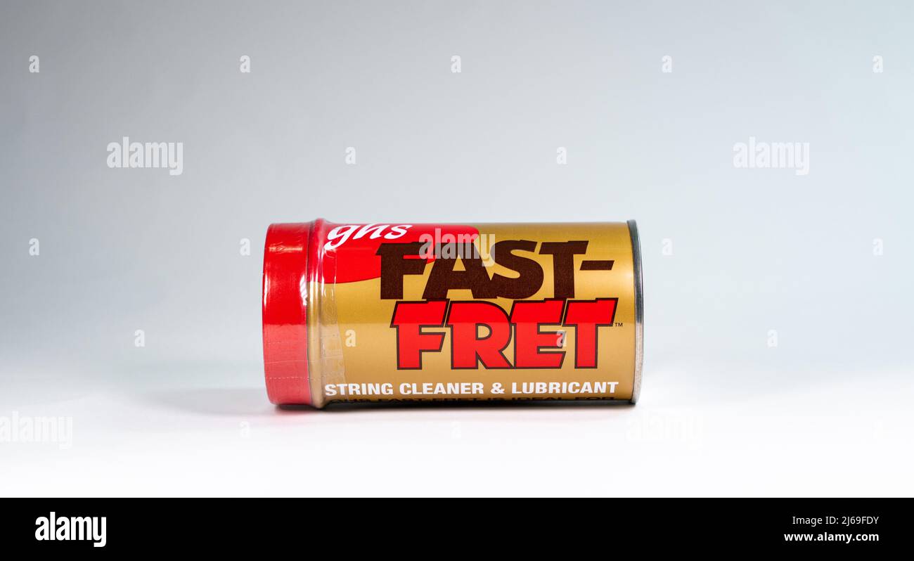 GHS Fast Fret String Cleaner and Lubricant on a white background. Stock Photo