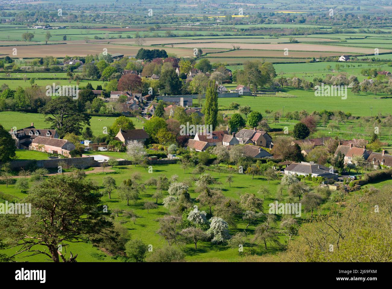 The village of Sutton Montis in the Somerset Levels from Cadbury Castle, Somerset, England. Stock Photo