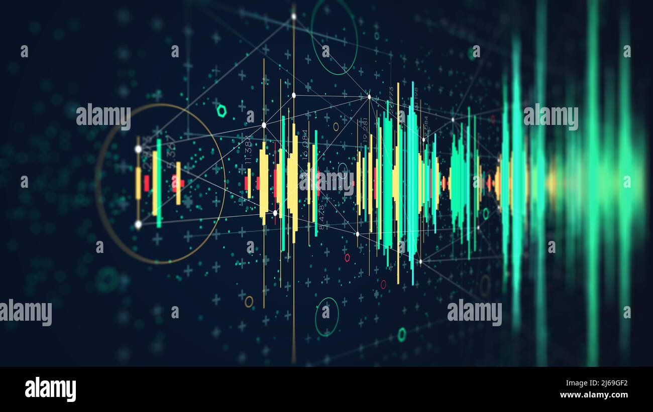 Hi-Tech digital technology frequency wave diagram concept, futuristic hud visualizing complex data, monitor screen in perspective for presentations Stock Photo