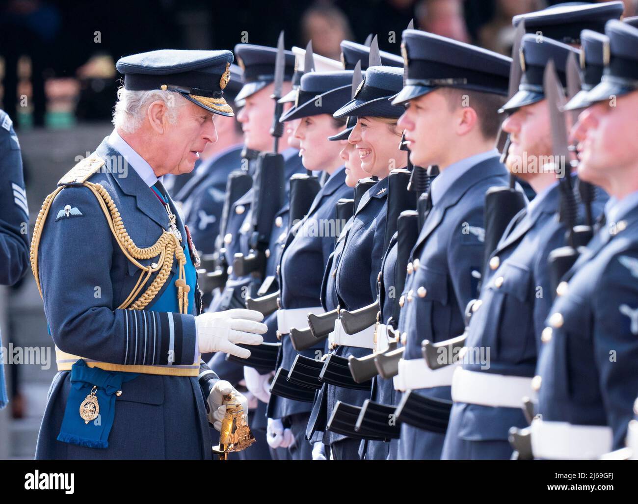 Britain's Prince Charles reacts as he attends a parade held for officers and aviators who graduated from Royal Air Force (RAF) Cranwell and RAF Halton, in Sleaford, Lincolnshire, Britain, April 29, 2022. Danny Lawson/Pool via REUTERS Stock Photo