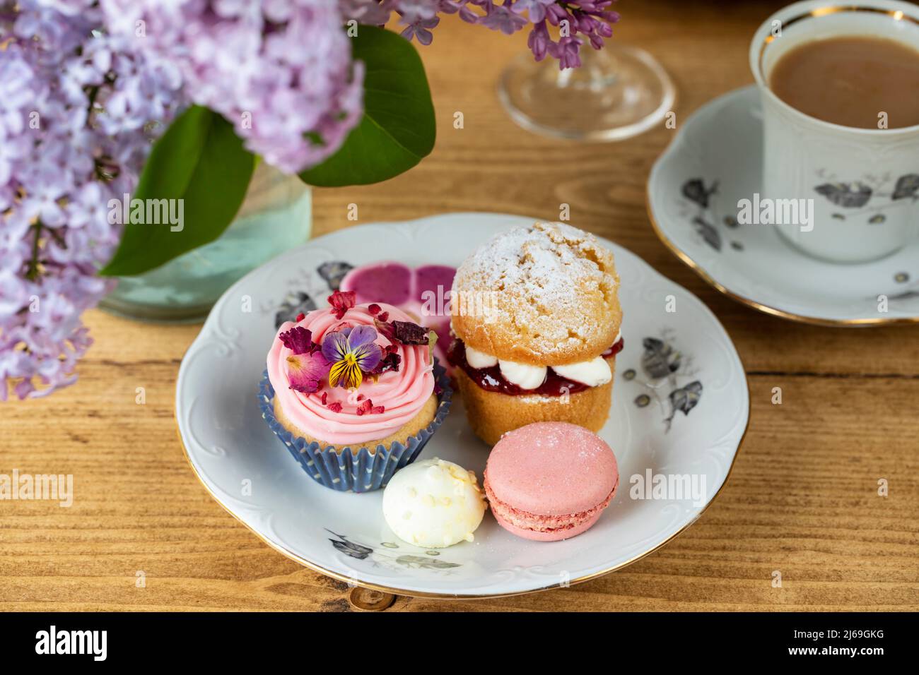 Traditional english afternoon tea with selection of cakes Stock Photo