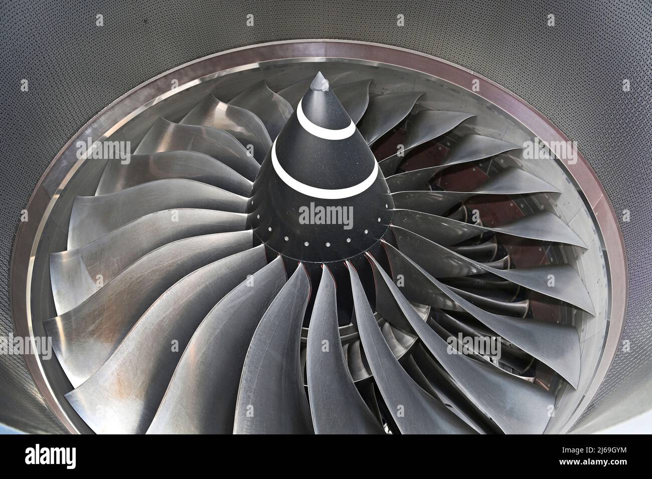 Munich, Germany. 29th Apr, 2022. Blades of a turbine jet engine,turbine
