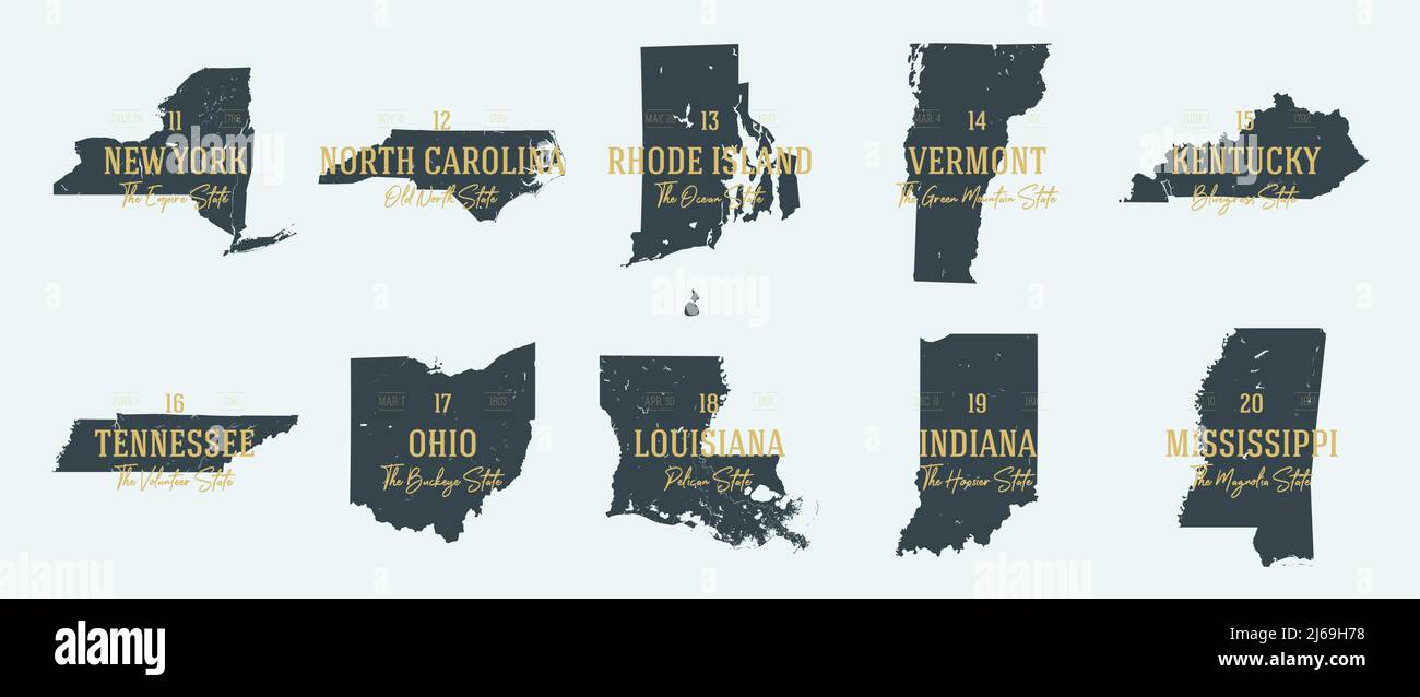 Set 2 of 5 Highly detailed vector silhouettes of USA state maps with names and territory nicknames Stock Vector