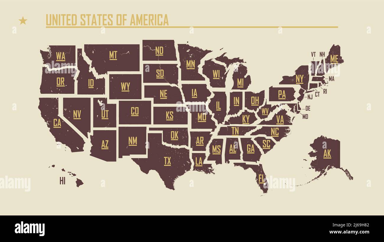 Detailed vintage map of the United States of America split into individual states with the abbreviations 50 states, vector illustration Stock Vector