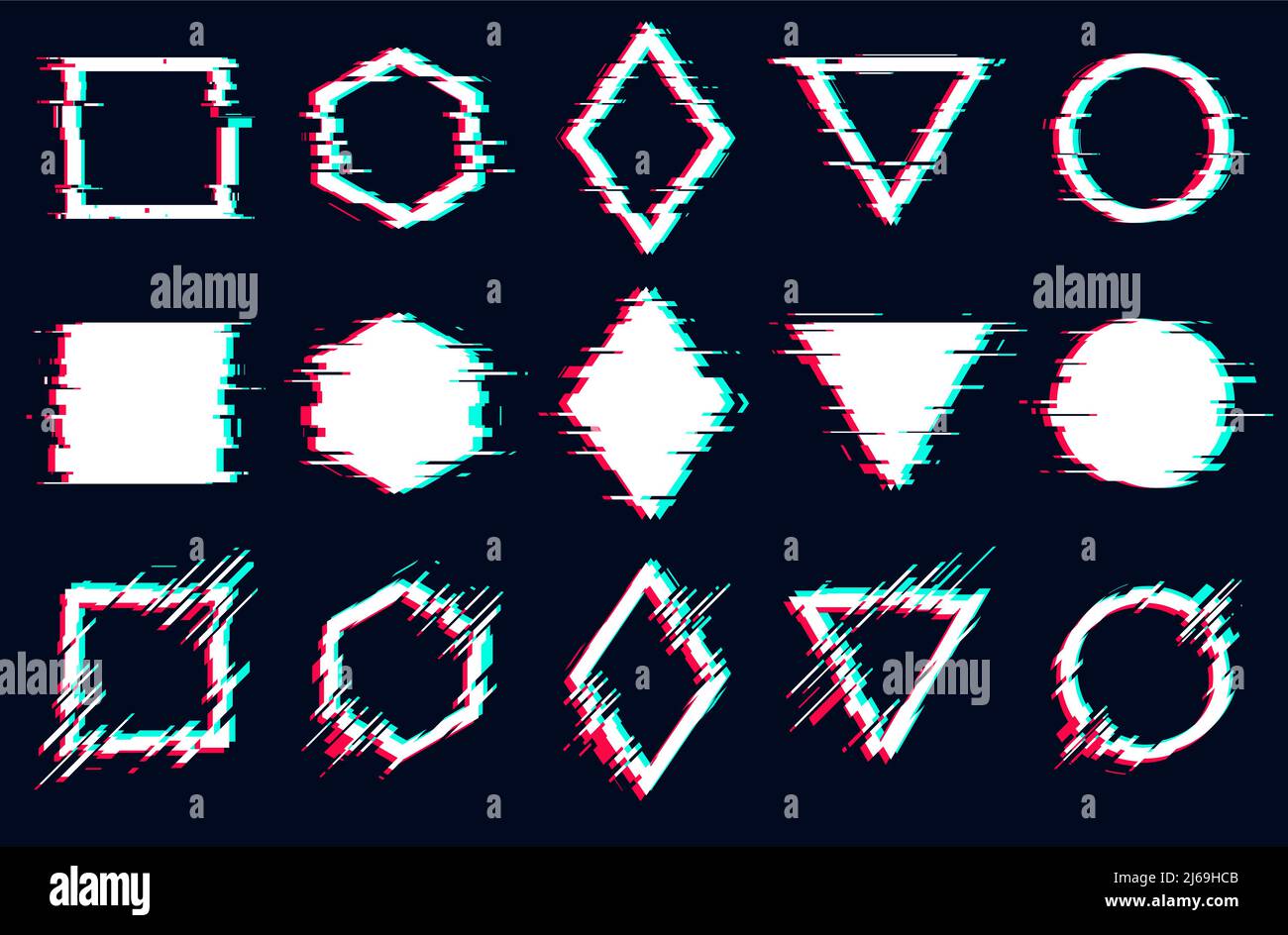 Glitched square, hexagon, rhombus, triangle and circle frames, Vector glitch set digital noise defect Stock Vector