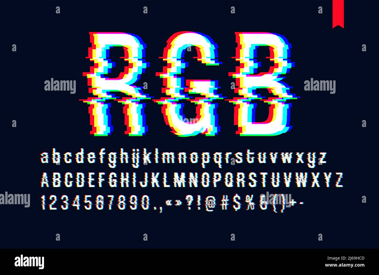 Modern style distorted glitch typeface, mixing red green and blue channel screen defect, uppercase and lowercase letters, only for a dark background Stock Vector