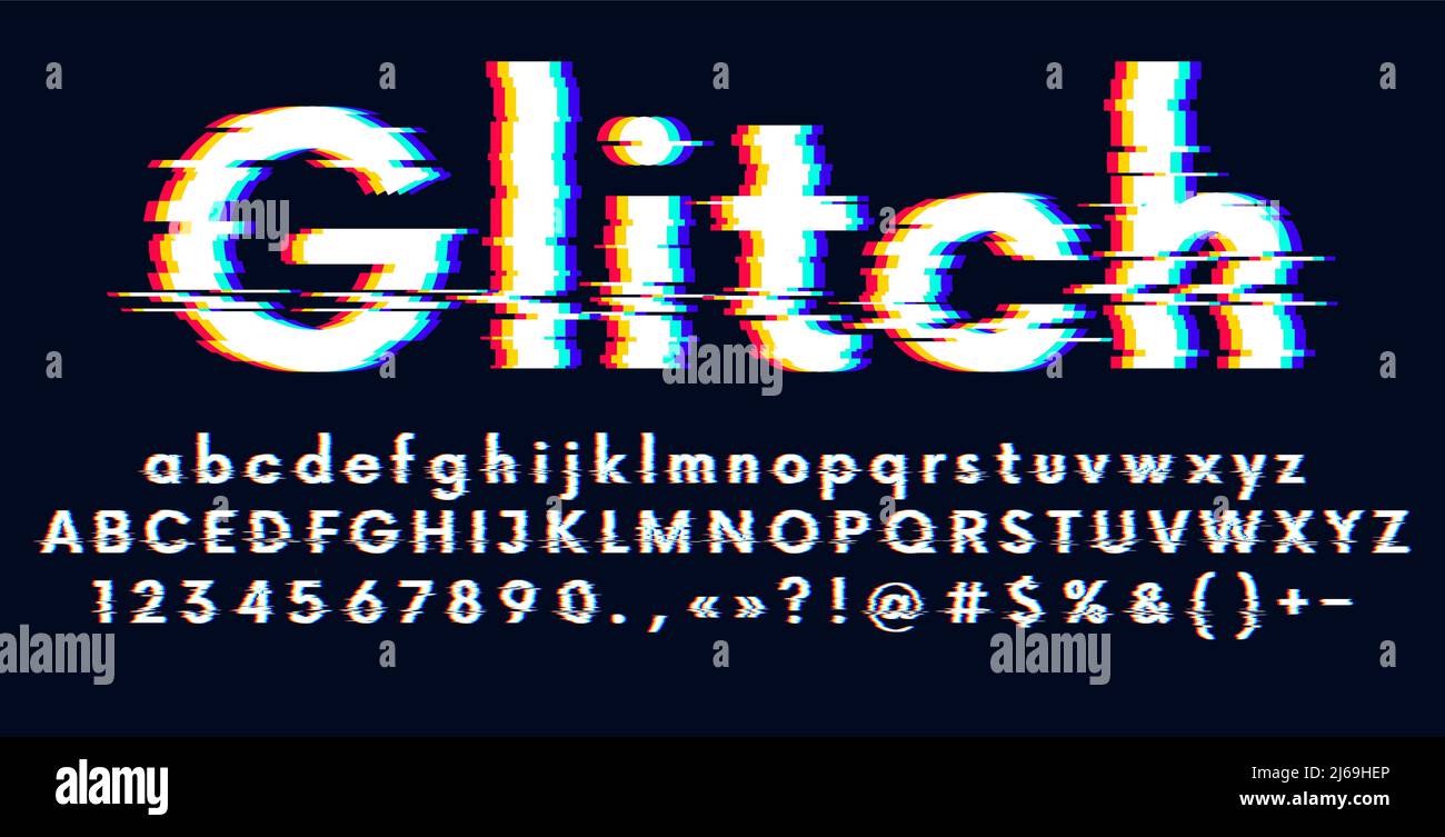 Digital glitched alphabet distorted screen error effect, Latin uppercase and lowercase letters Glitch typeface, vector illustration Stock Vector