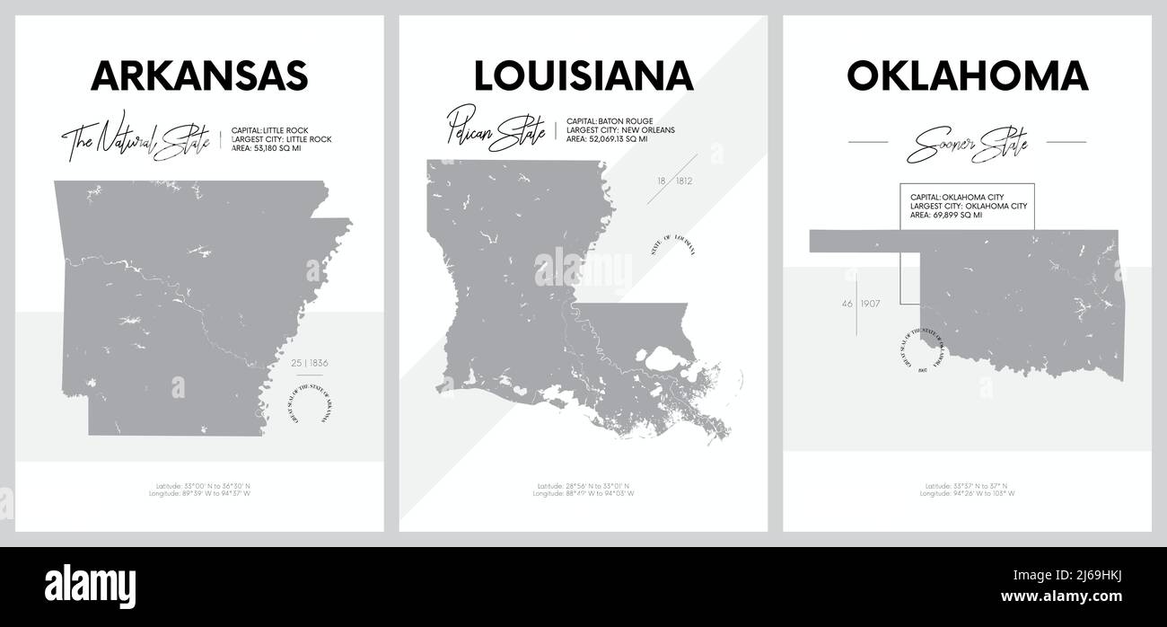 Vector posters with highly detailed silhouettes of maps of the states of America, Division West South Central - Arkansas, Louisiana, Oklahoma - set 12 Stock Vector