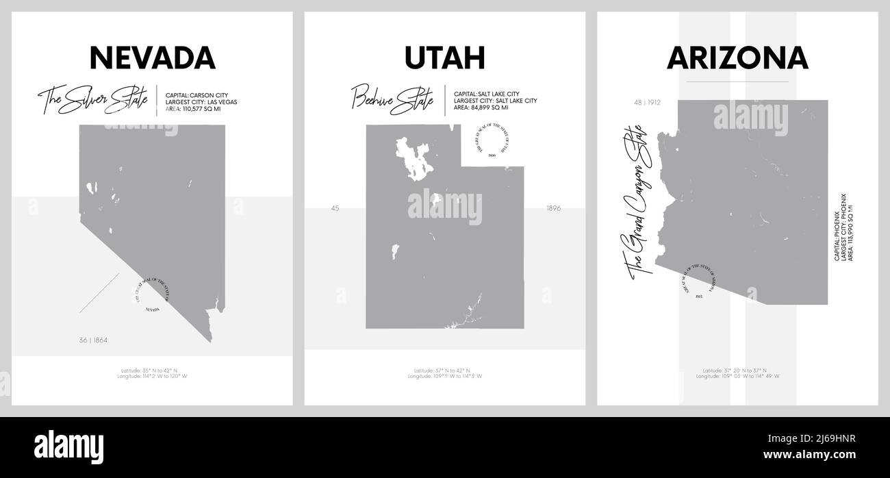 Vector posters with highly detailed silhouettes of maps of the states of America, Division Mountain - Nevada, Utah, Arizona - set 14 of 17 Stock Vector