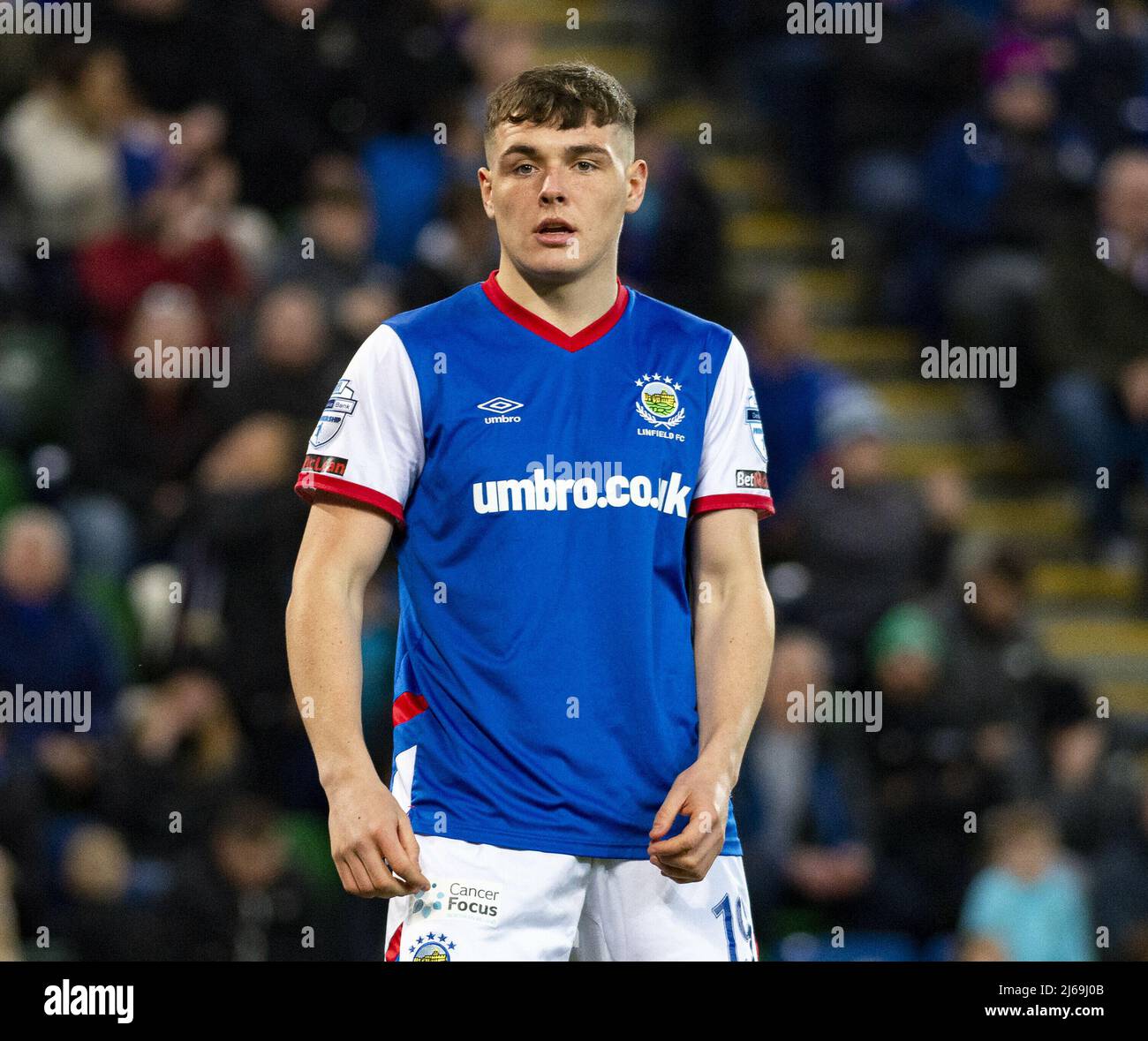 Linfield player Ethan Devine shown in action at a league game held at ...