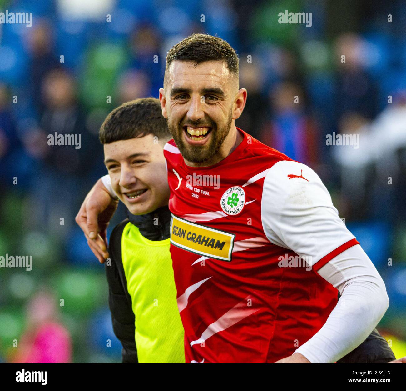 Cliftonville players Joe 'The Goal' Gormley pictured post-match celebrating his sides victory in the 2022 Bet McLean League Cup Final at Windsor Park . Stock Photo
