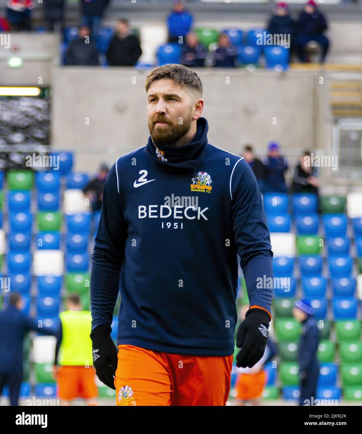 Glenavon player Mark Stafford pictured pre-match at Windsor Park in Belfast. Stock Photo