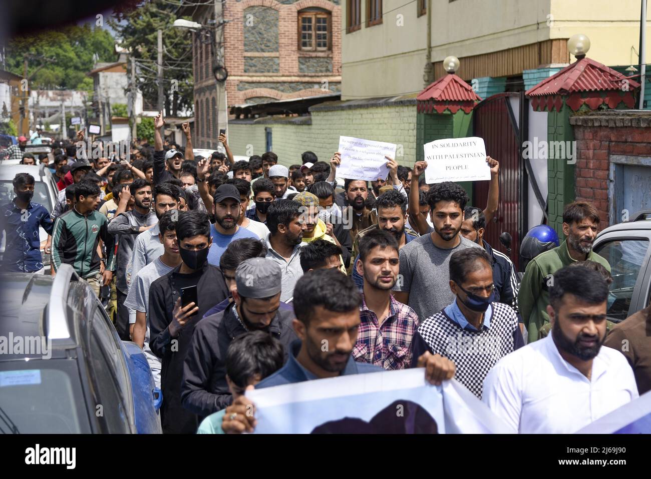 Kashmir, India. 29th Apr, 2022. Kashmiri Muslims march during a rally ...