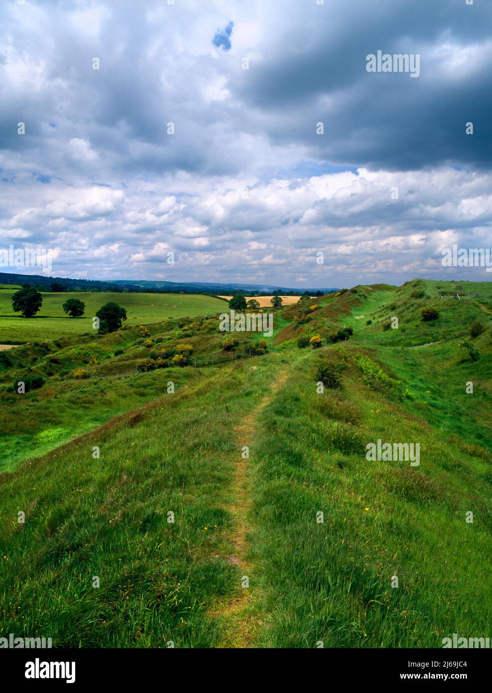 View NNW of Old Oswestry Iron Age hillfort, Shropshire, England, UK showing the sunken entrance passage at the SW cutting through the five ramparts. Stock Photo