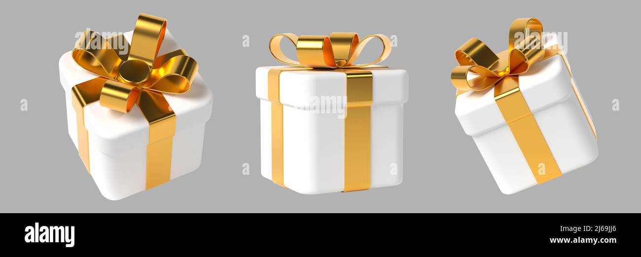 3d gift box with bow, golden and white Stock Photo - Alamy