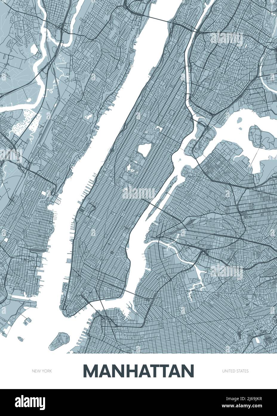 Detailed borough map of Manhattan New York city, color vector city street plan, printable travel poster or postcard Stock Vector