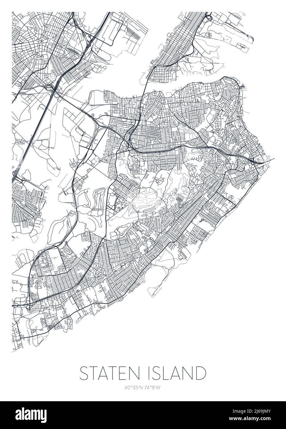 Detailed borough map of Staten Island New York city, vector poster or postcard for city road and