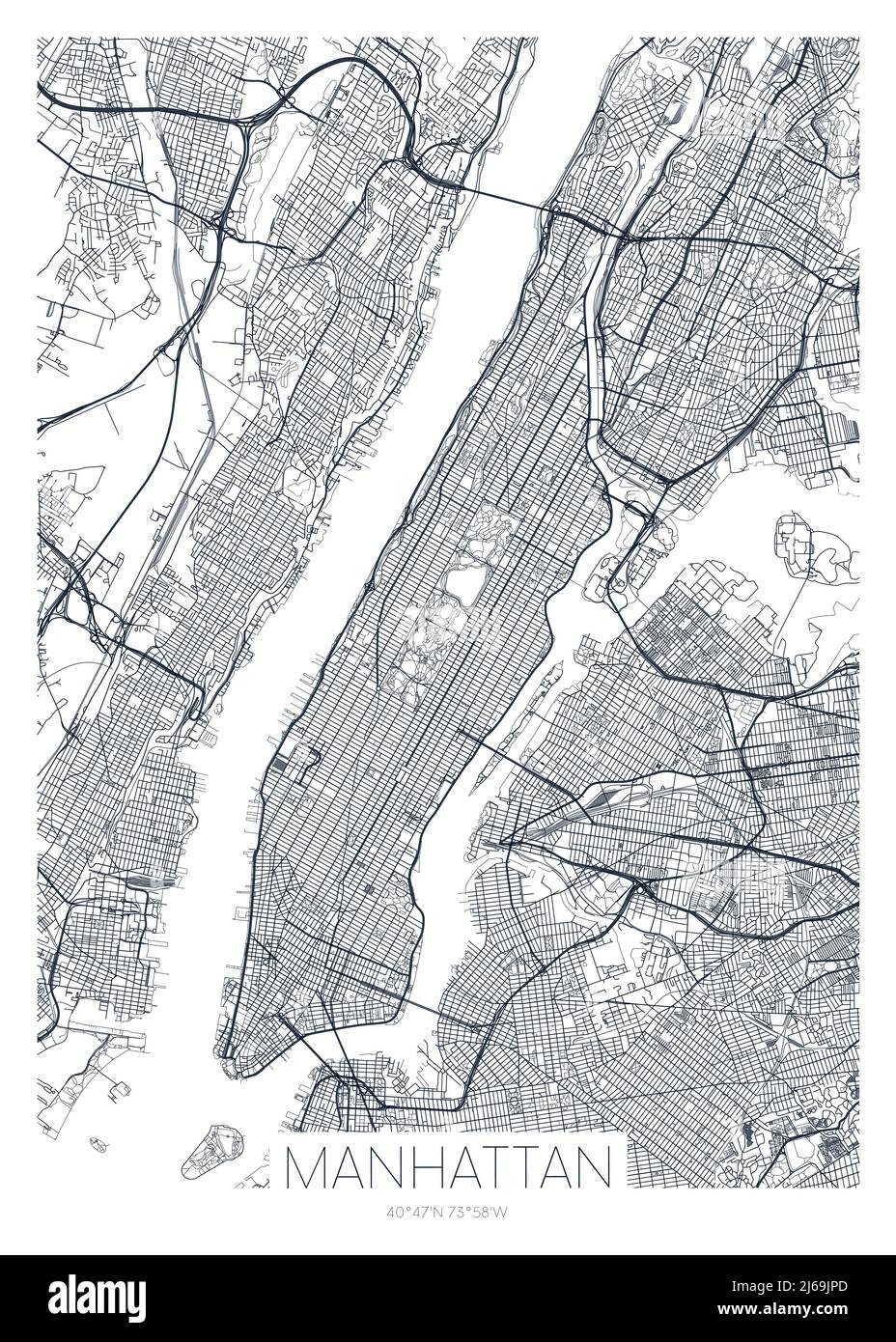 Detailed borough map of Manhattan New York city, vector poster or postcard for city road and park plan Stock Vector