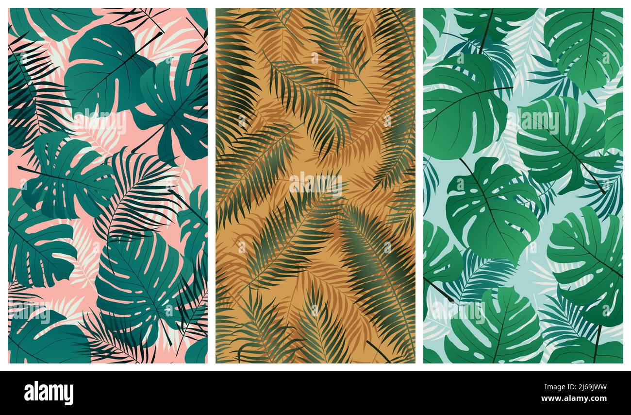 Seamless tropical pattern with monstera leaves and palm tree branches, set of vector summer backgrounds Stock Vector