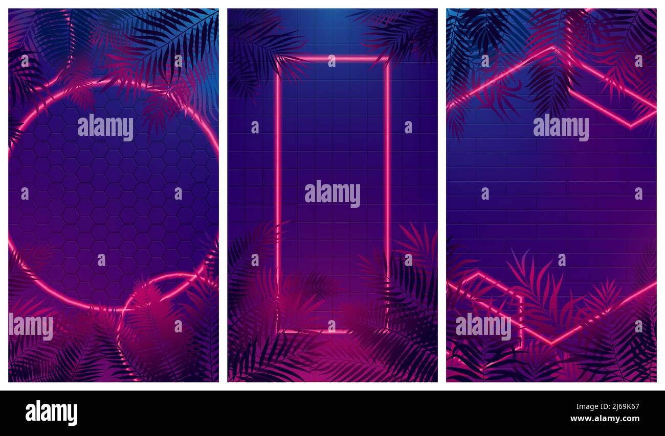 Set of futuristic abstract modern compositions with neon red rays of light, cyberpunk style reflex glow on tropical leaves, vector illustration Stock Vector