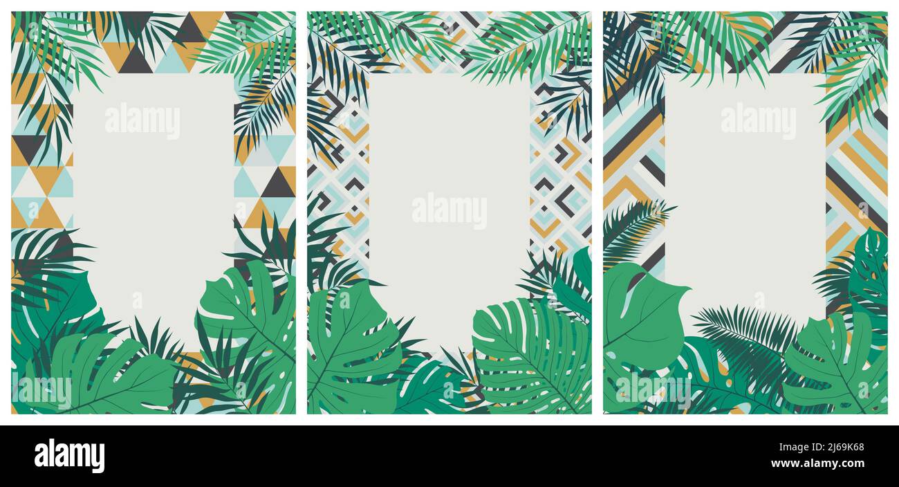 Creative set of brochures with tropical leaves on a colored geometric background with place for text, posters and wedding invitations, vector Stock Vector