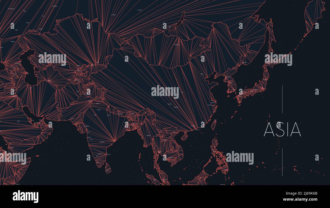 Polygonal map of the Asian continent with nodes linked by lines, vector global network concept poster, abstract illustration Stock Vector
