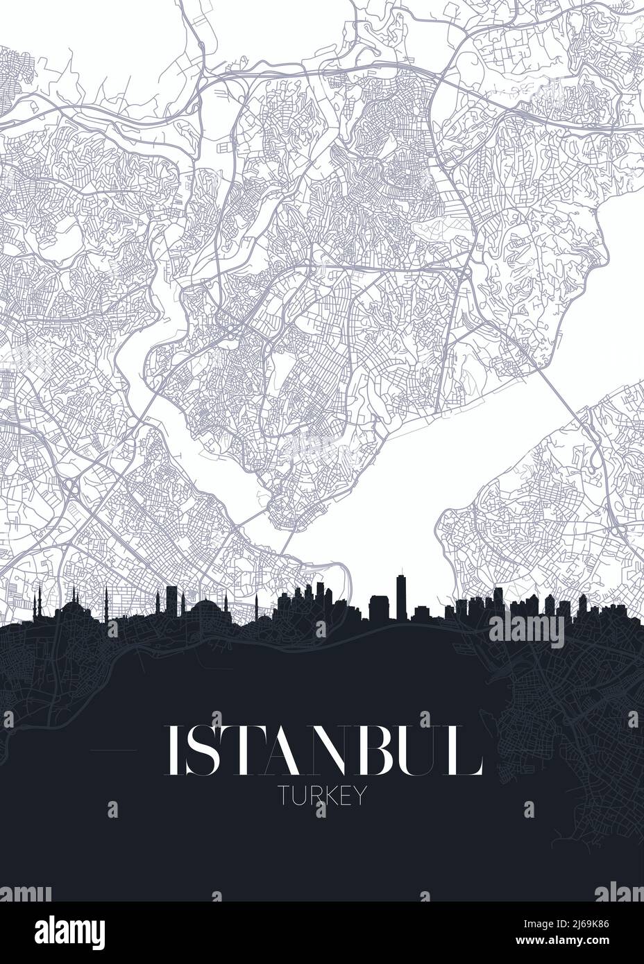 Skyline and city map of Istanbul, detailed urban plan vector print poster Stock Vector
