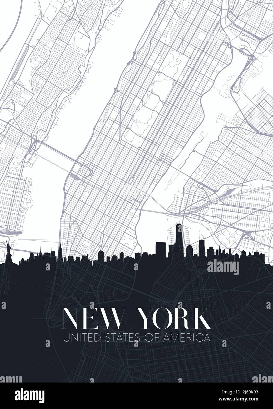 Skyline and city map of New York, detailed urban plan vector print poster Stock Vector