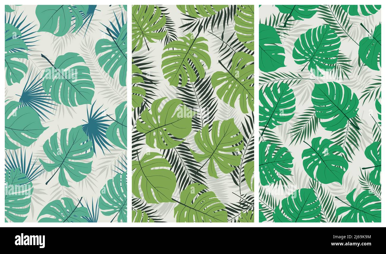 Trendy tropical seamless pattern with exotic jungle leaves monstera and palm trees, vector set of illustrations Stock Vector