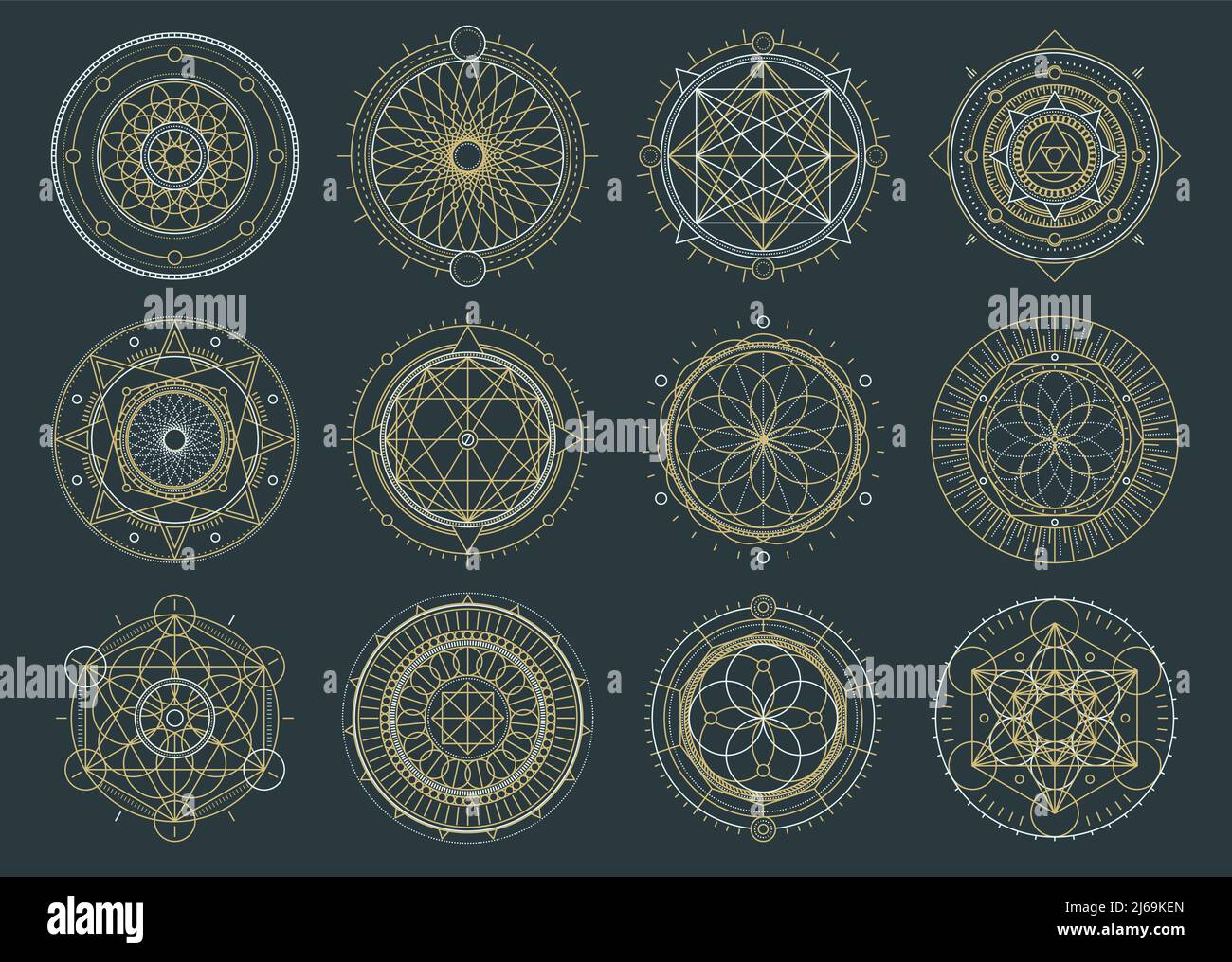 Vector set of sacred geometric figures, dreamcatcher and mystic symbols, alchemical and spiritual signs Stock Vector