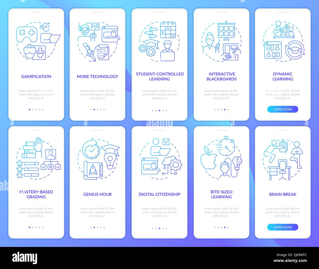 Education trends blue gradient onboarding mobile app screen set Stock Vector