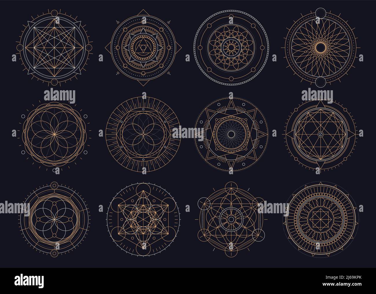 Vector set of sacred geometric figures, dreamcatcher and mystic symbols, golden abstract signs Stock Vector